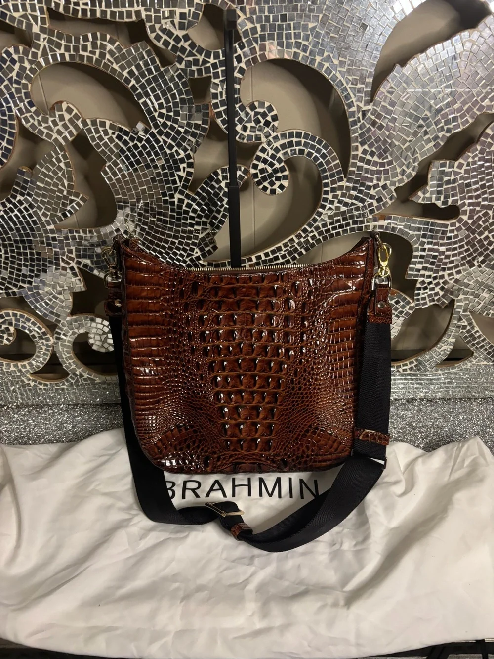💕Brahmin Croc-Embossed Brown‎ Leather Crossbody Bag